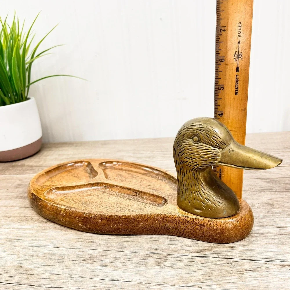 Vintage Brass Duck Tray: Wood Catch All Tray Valet Organizer